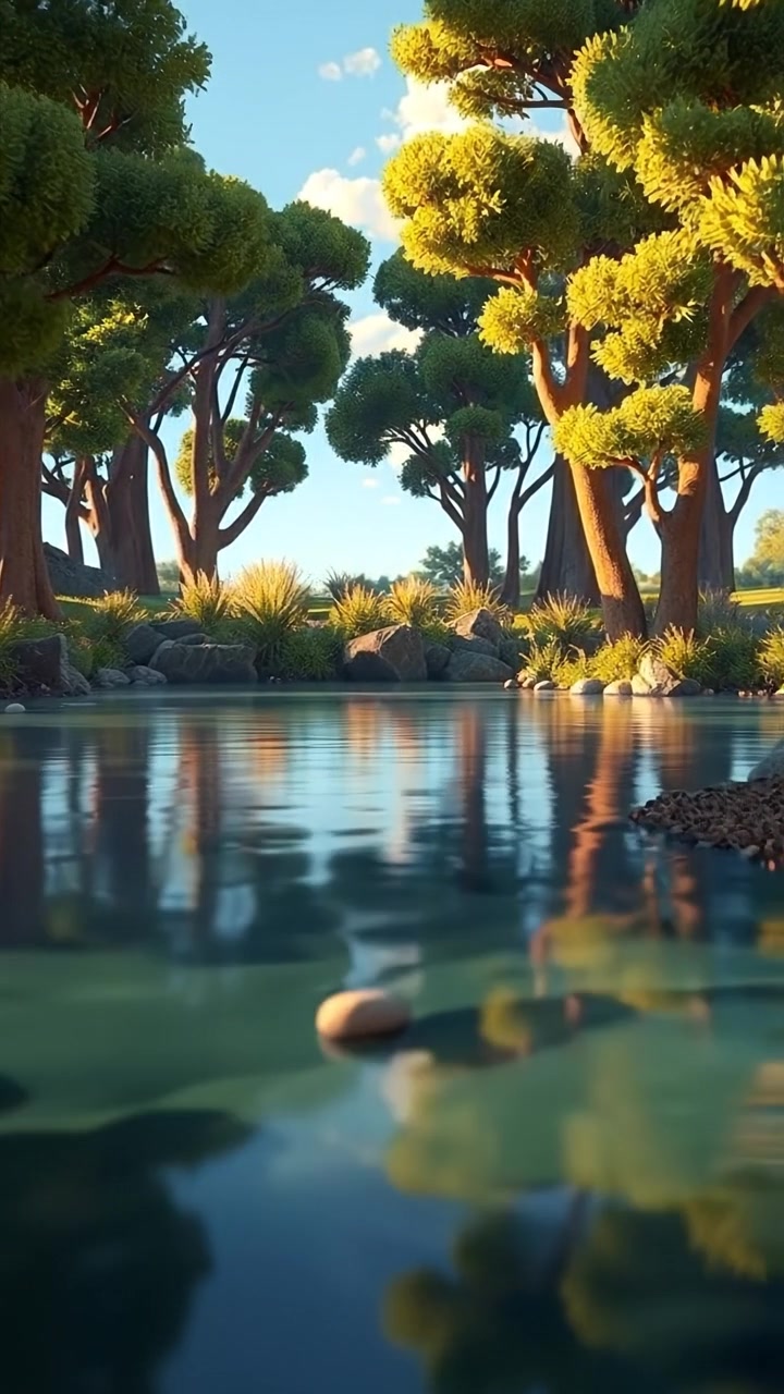 A tranquil 3D animated scene of a serene pond nestled among lush trees, with crystal-clear water perfectly reflecting the vibrant sky above. The scene features soft, natural lighting, smooth camera movement around the pond, and a peaceful ambiance. The background audio features gentle water sounds and birdsong.