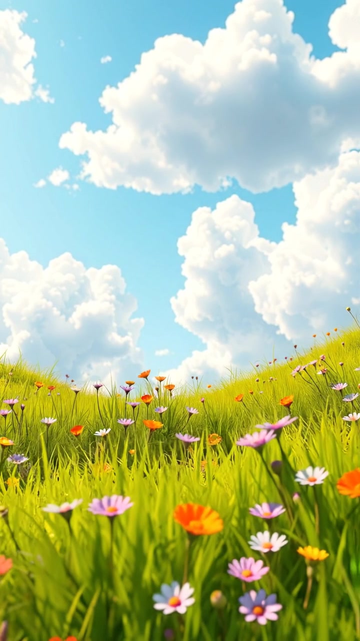 A lush sunny meadow in vibrant 3D animation, with animated green grass swaying gently, colorful wildflowers blooming vividly, and a bright blue sky dotted with fluffy white clouds, captured with smooth camera movement and warm lighting. The background audio features gentle bird songs and ambient nature sounds.