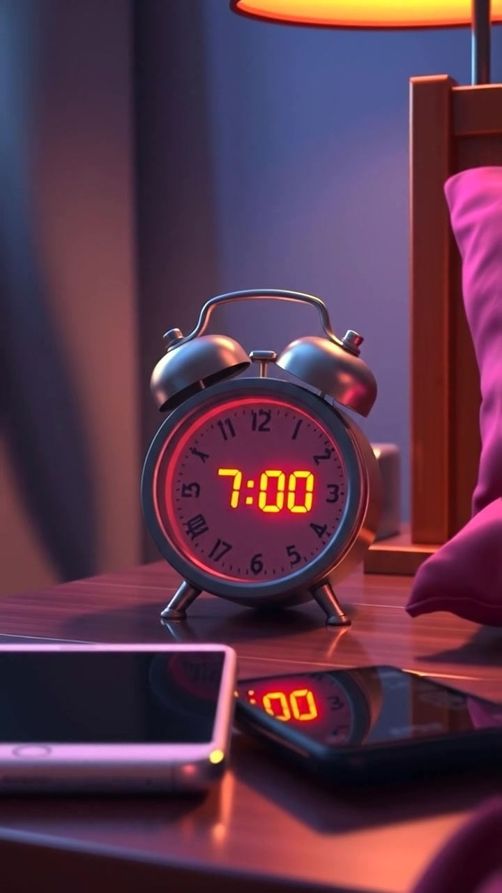 A close-up of a 3D animated digital alarm clock on a bedside table displaying 7:00 AM, with a sleek smartphone placed beside it. The scene features warm morning light, high detail textures, and smooth camera focus shifting subtly. The background audio features soft morning silence.