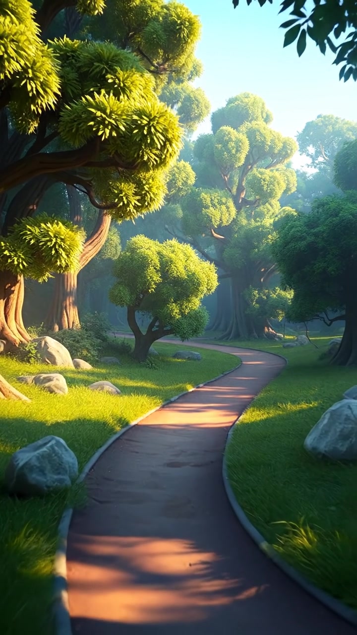 A 3D animation of a winding path through a lush forest, with vibrant greenery and towering trees, showcasing a journey filled with obstacles. Natural lighting highlights the rich textures, smooth camera movement follows the path, creating an immersive experience. The background features soft forest sounds.