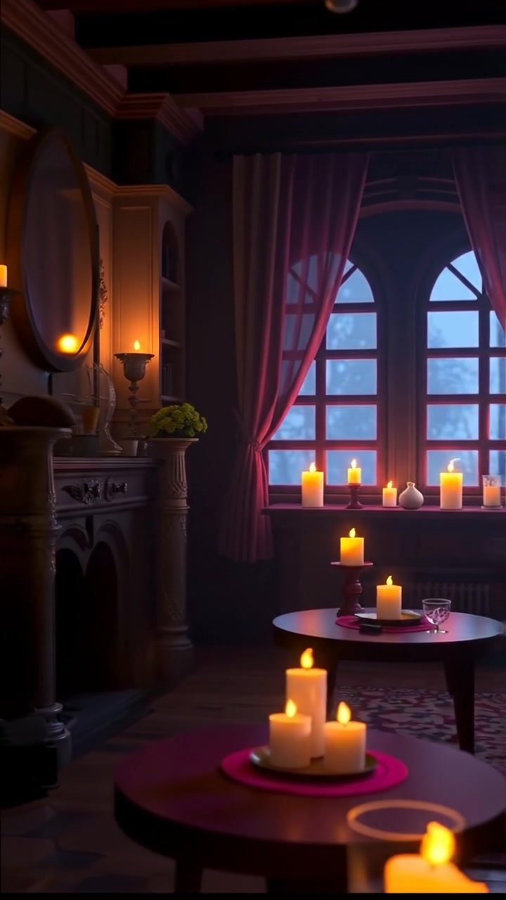 A dark room illuminated by flickering candlelight, with shadows dancing on ancient stone walls. The scene is filled with echoing whispers, creating an ominous atmosphere. Rendered in detailed 3D animation with warm, soft lighting and subtle camera movements. The sound features faint whispering and soft ambient hums.