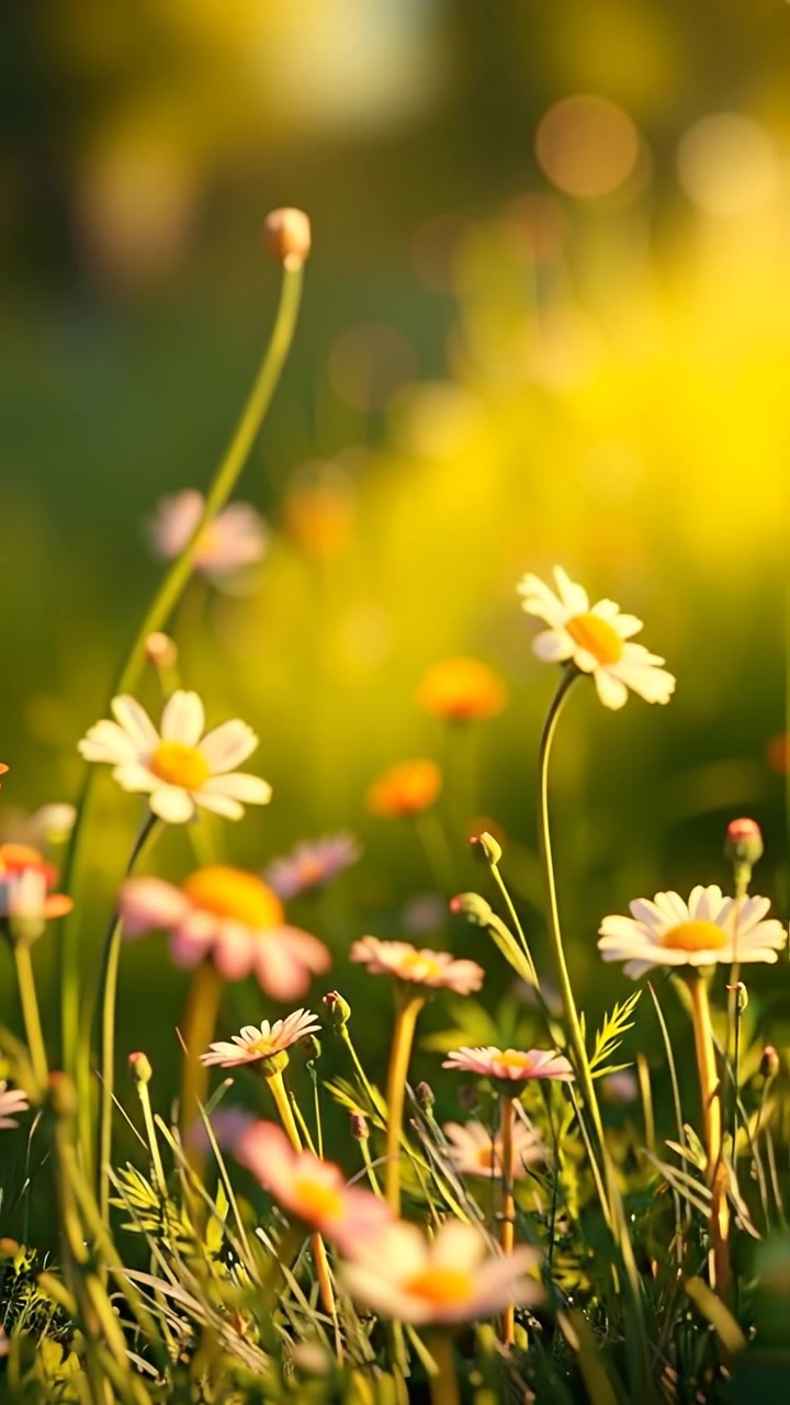 A 3D animation of a sunlit summer meadow with colorful wildflowers gently swaying in the breeze, captured with high detail, soft natural lighting, and smooth camera motion that drifts across the scene, evoking warmth and serenity. The audio features gentle wind and distant bird songs.