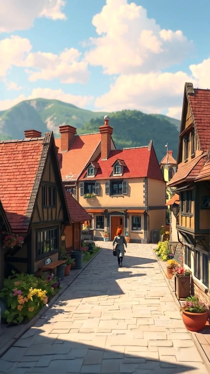 A vibrant 3D animation of a picturesque village landscape featuring traditional houses under a clear, bright sky. The scene is lit by warm sunlight, with smooth camera movements capturing the charming details and lush surroundings. The background audio features gentle bird songs and rustling leaves.