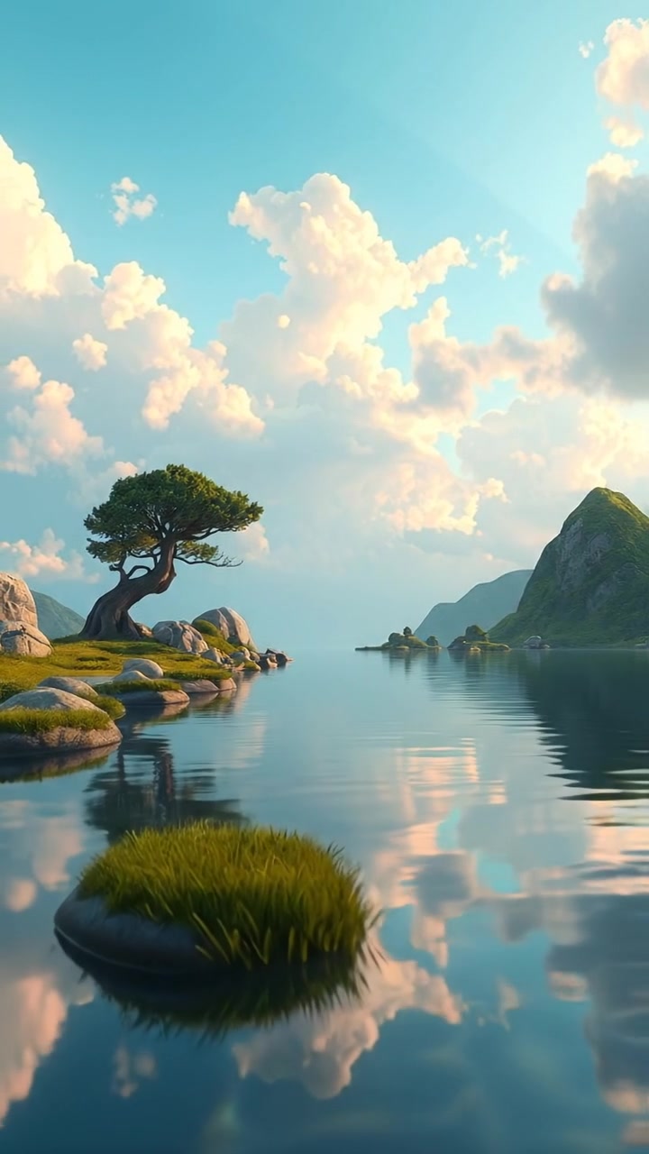 A serene 3D animated landscape depicting a calm lake with crystal-clear reflective water mirroring a soft, overcast sky. The scene features gentle ripples and lush greenery along the shoreline, captured with natural lighting and smooth camera movement. The background audio features gentle water sounds.