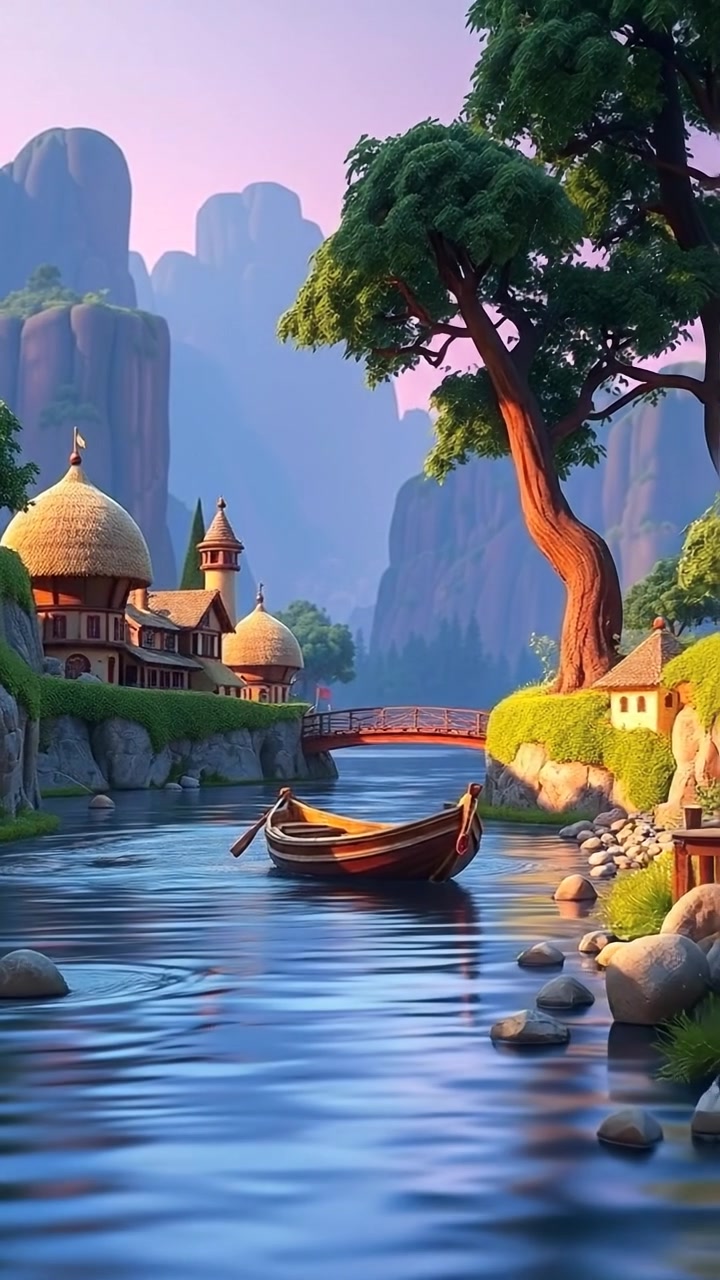 A serene 3D animation of a tranquil river flowing through a peaceful village, with lush greenery along the banks and traditional houses. The scene is illuminated by soft natural light, capturing high detail and smooth camera movement. The background features gentle ambient sounds of flowing water and chirping birds.