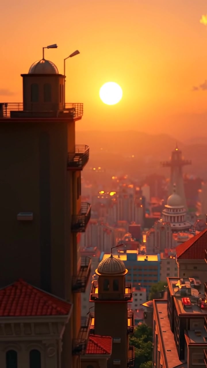 A stunning 3D animated scene of a bright sunrise over a bustling cityscape, with warm golden tones illuminating skyscrapers and streets. The scene features smooth camera panning to showcase the city's awakening, with soft shadows and natural lighting. The background audio features gentle city sounds and morning chirping.
