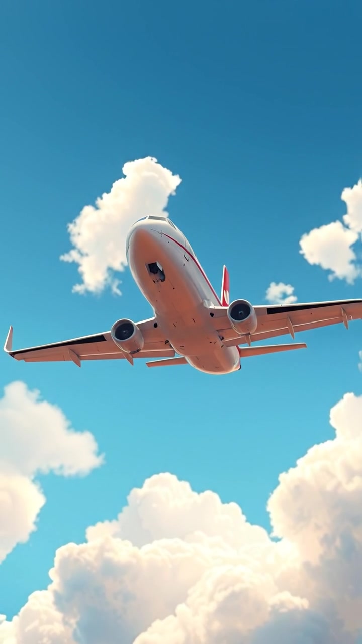 A 3D animated close-up of a sleek airplane soaring through a clear blue sky with fluffy white clouds, illuminated by soft natural light, featuring high detail and smooth camera movement that tracks the plane's flight. The background audio features the gentle roar of the engine and distant wind.