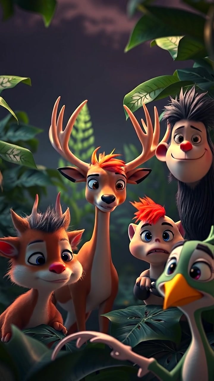 A group of various animals, including a deer and a bird, looking worried in a dense jungle rendered in vibrant 3D animation. The scene features lush foliage, dappled sunlight filtering through treetops, and smooth camera motion capturing their anxious expressions. The background audio features ambient jungle sounds.