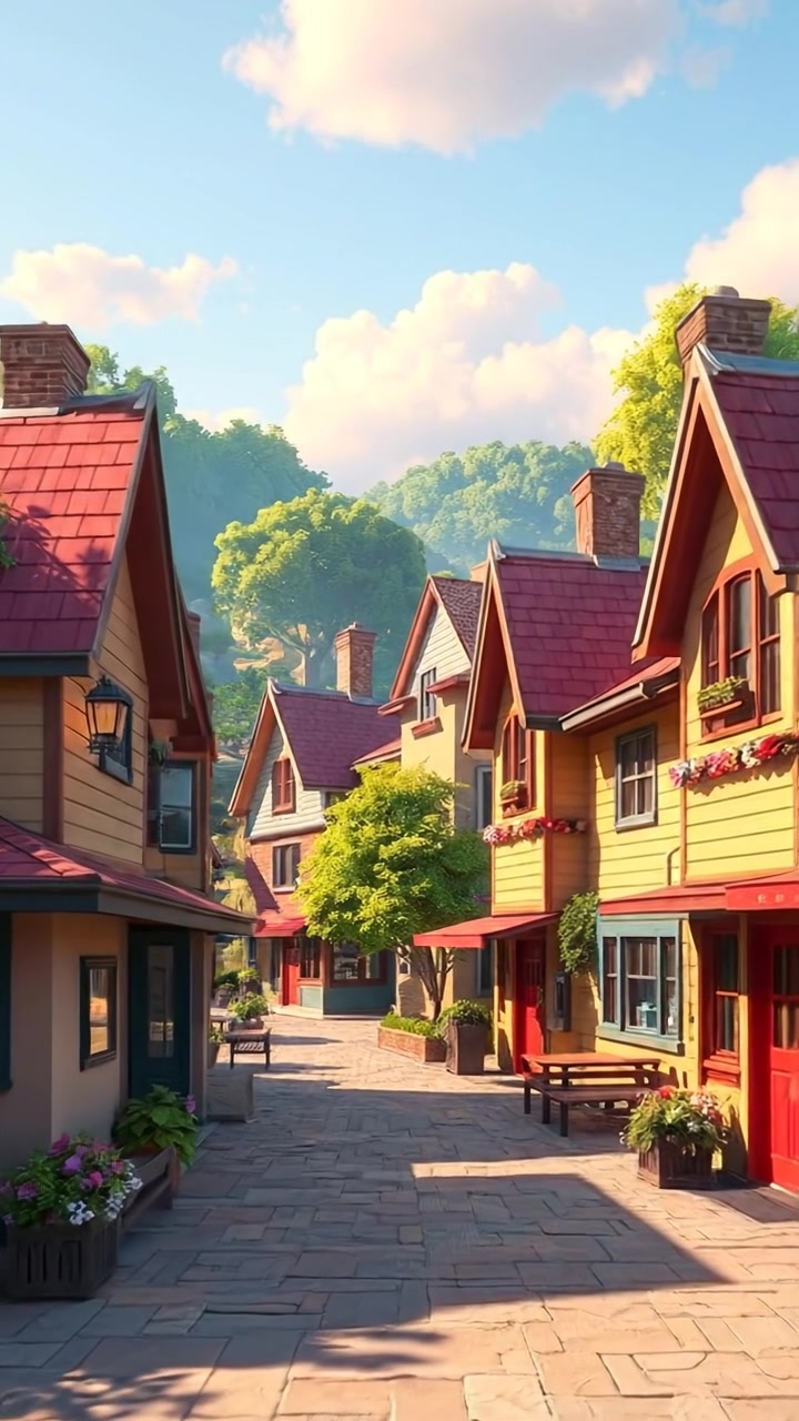 A peaceful little town with quaint houses and lush greenery, captured in vibrant 3D animation. The scene features gentle sunlight, soft shadows, and smooth camera movement sweeping over the charming streets. The background sound features chirping birds and a gentle breeze.