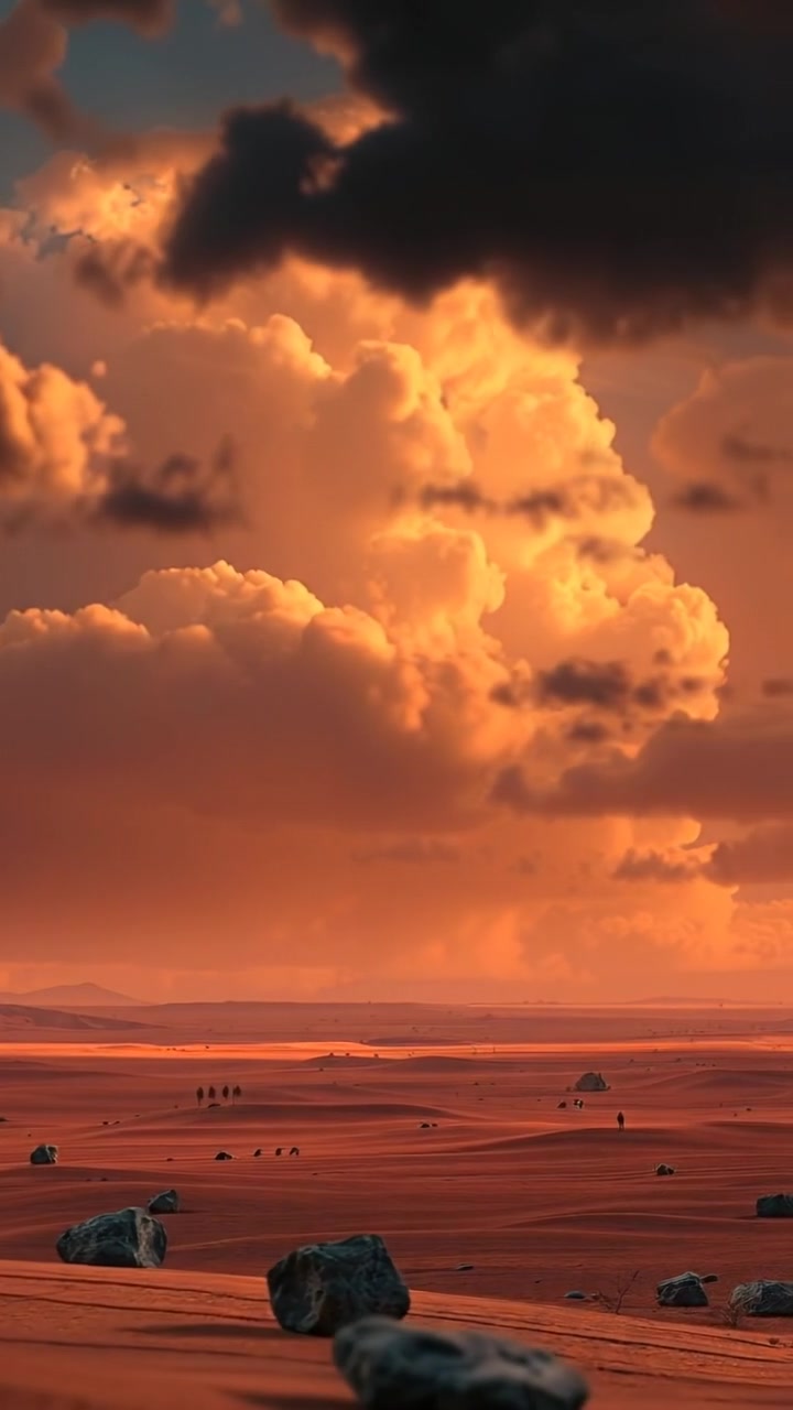 A dark, cloudy sky looming over a deserted landscape rendered in 3D animation, with moody, overcast lighting and soft shadows emphasizing a somber atmosphere. Camera slowly pans across the empty terrain to evoke solitude and loss. The audio features wind howling across the desolate plains.