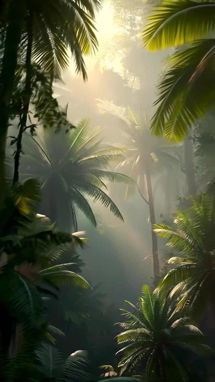 A dense Amazon rainforest rendered in vibrant 3D animation, showcasing towering trees, lush foliage, and a sense of adventure. Features natural lighting, high detail, and smooth camera movement through the canopy. The background audio features the sounds of wildlife and rustling leaves.