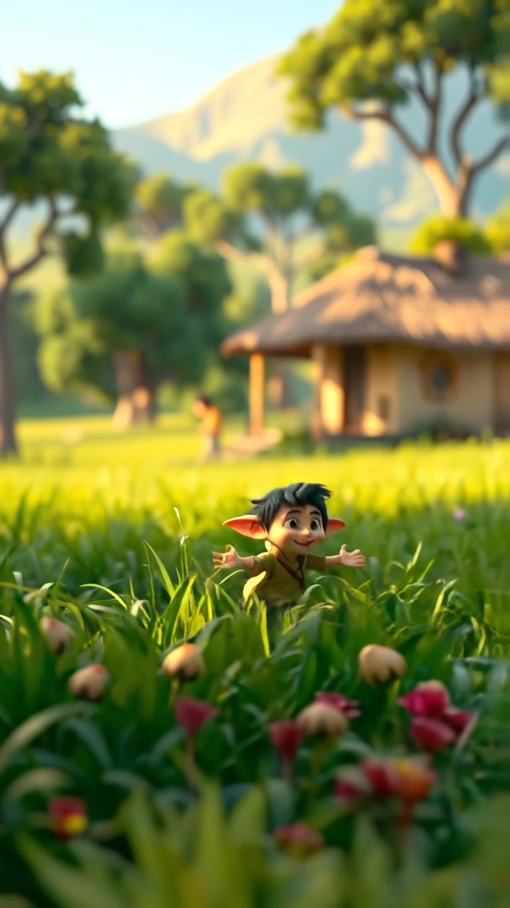 A serene village scene in 3D animation style, featuring lush green fields and a simple rustic hut in the background. Natural sunlight bathes the landscape with warm tones, gentle camera panning across the peaceful environment. The background audio features breezy wind and distant bird songs.