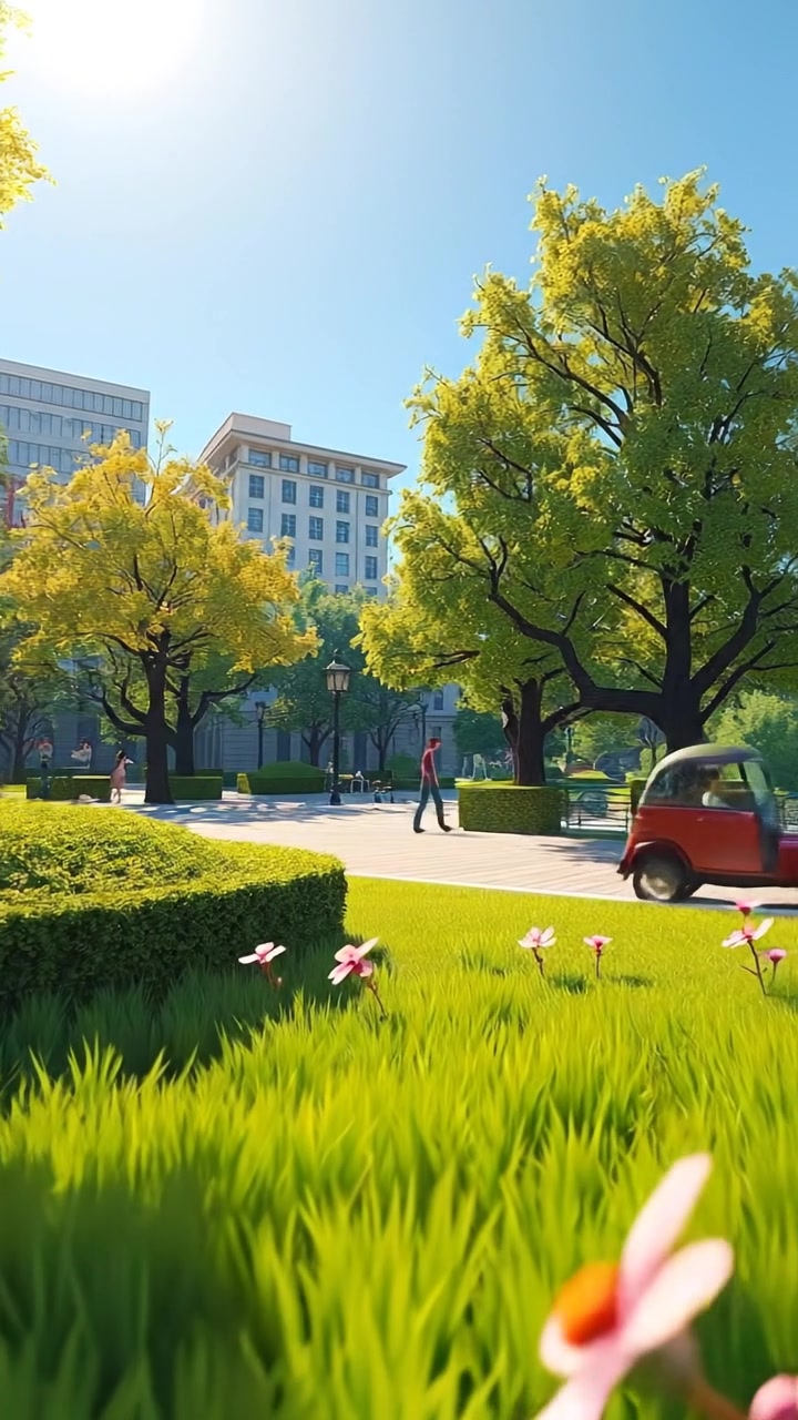 A vibrant 3D animation of a sunny city park showcasing lush green grass and blooming flowers under a bright blue sky, with smooth camera movement capturing the lively atmosphere and colorful details. The scene is bathed in natural light with warm tones and soft shadows. The audio features cheerful ambient park sounds.