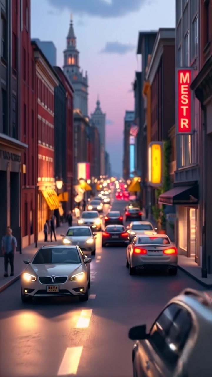 A bustling city street at night rendered in vibrant 3D animation, illuminated by flickering building lights and streaks of moving cars, captured with smooth camera movement under warm ambient lighting. The background features glowing signs and skyscrapers towering overhead, with the soft hum of city life in the background.