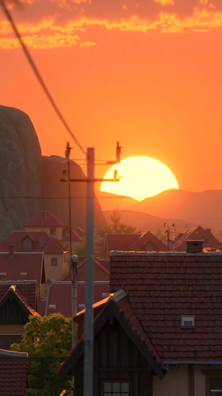 A 3D animation of a sunrise over a tranquil village, with golden light bathing the rooftops and soft shadows creating a peaceful atmosphere. The scene features natural lighting, high detail, and smooth camera movement capturing the awakening village. The background audio features gentle morning bird songs.
