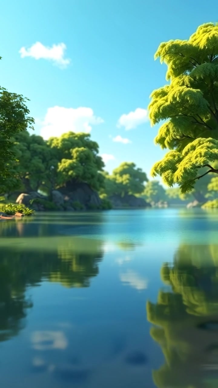A tranquil 3D animation of a serene lake with lush green trees on its shores under a bright blue sky, captured with smooth camera movement and warm natural lighting. The background features gentle ripples on the water, and the scene is enveloped in soft shadows. The audio features gentle water lapping sounds.