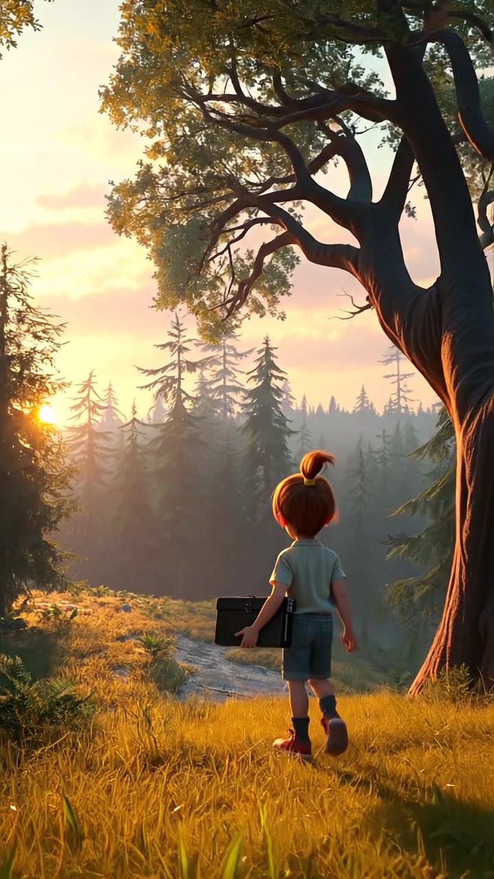 A scenic forest at sunset rendered in 3D animation with warm tones, soft shadows, and smooth camera movement capturing a gradual aerial view. The scene evokes a peaceful yet adventurous atmosphere, emphasizing the promise of ongoing exploration. The audio features gentle forest sounds and evening ambiance.