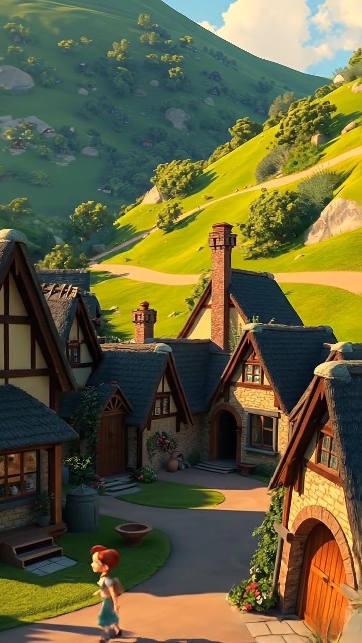 A charming 3D animated scene of a quaint village with thatched-roof cottages nestled among lush green hills, bathed in warm, natural sunlight. Smooth camera panning reveals the idyllic landscape and peaceful atmosphere, with soft background music featuring gentle countryside sounds.