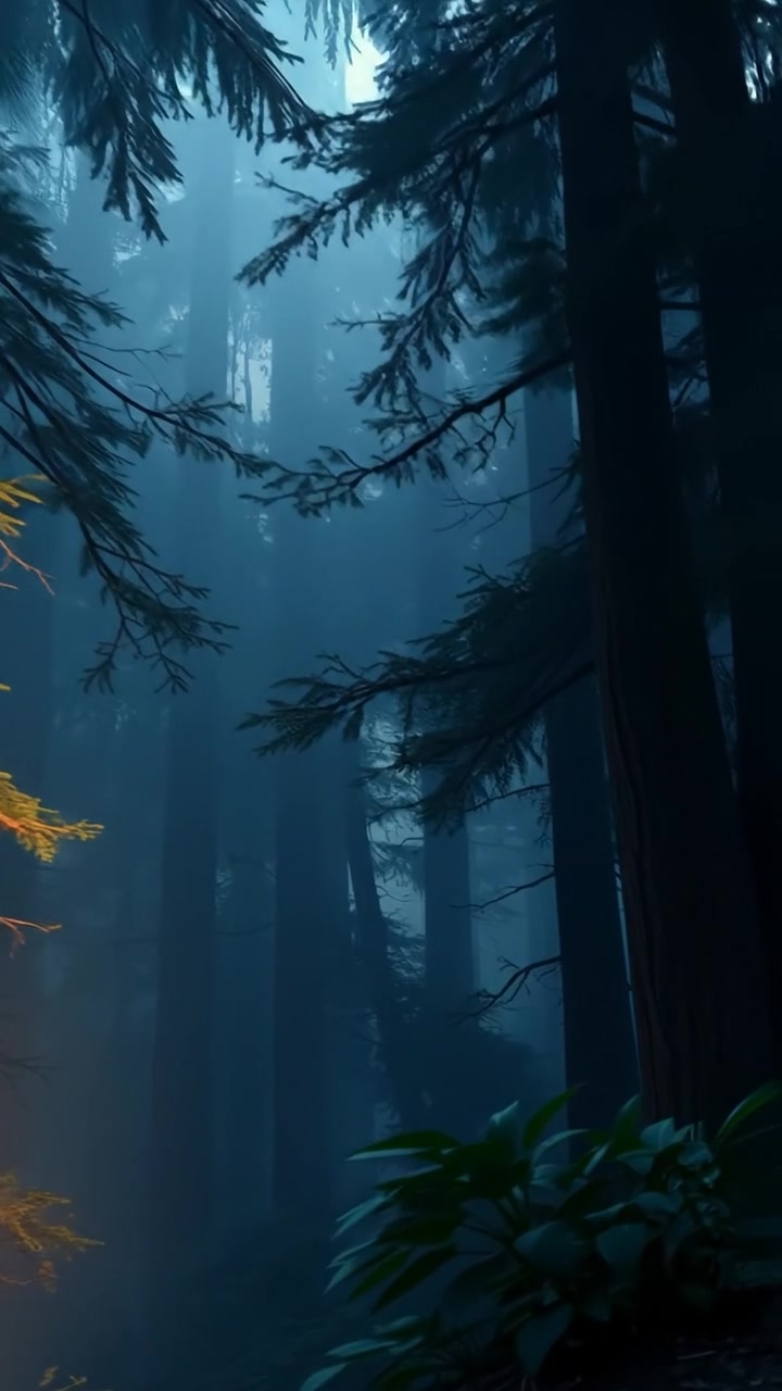 A dark, dense forest filled with towering trees shrouded in mist, depicted in 3D animation with moody lighting, high detail, and smooth camera movements that glide through the fog, creating an immersive atmosphere. The background features subtle ambient sounds of rustling leaves and distant wildlife.