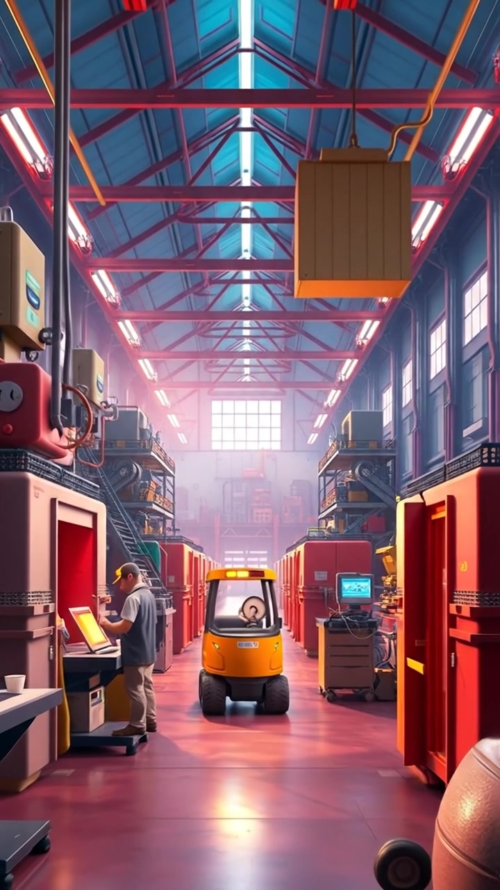 A bustling large factory interior rendered in vivid 3D animation, with detailed machines and busy workers assembling products under bright, natural lighting. Smooth camera dolly shot captures the dynamic workspace. Warm tones and soft shadows enhance realism. The background audio features ambient factory sounds.