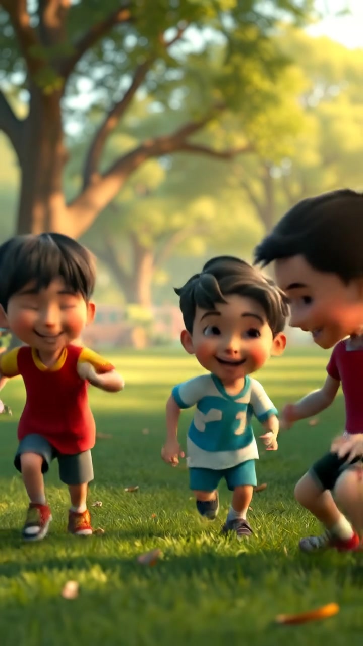 A vibrant 3D animation of joyful children playing games in a sunny park, with animated trees swaying gently and laughter echoing in the warm, natural lighting. Smooth camera movements capture their dynamic play amidst bright flowers and lush greenery. The audio features cheerful ambient sounds of children laughing and nature.