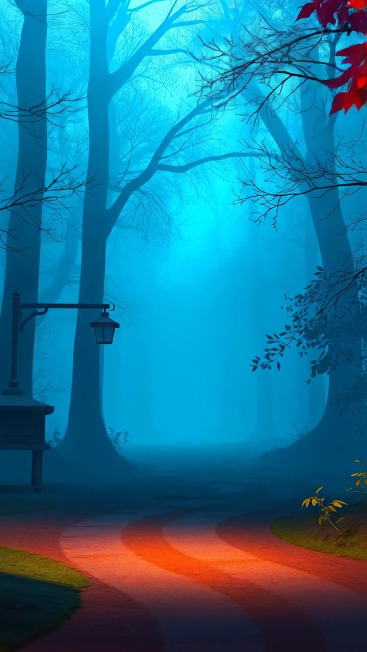 A 3D animated scene of a foggy forest path at twilight, shrouded in mist with dense trees on each side, hinting at unseen dangers lurking in the shadows. Captured with smooth camera movement, soft ambient lighting, and a mysterious atmosphere. The audio features distant, eerie forest sounds.