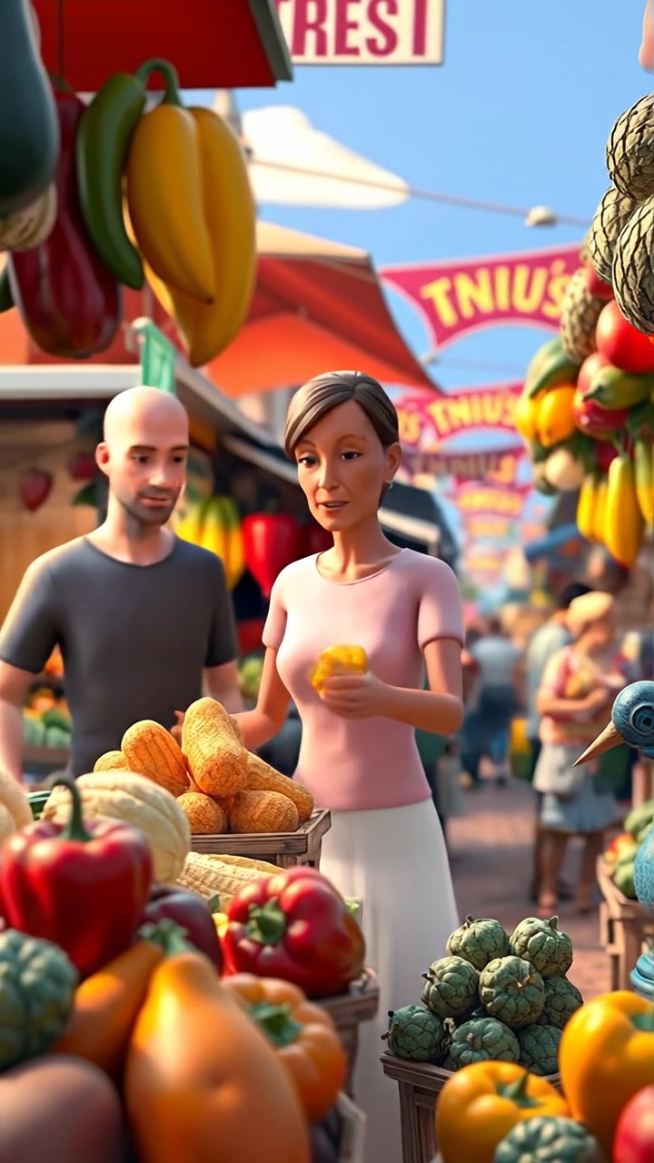A vibrant 3D animated market scene bustling with colorful fresh fruits and vegetables, people actively shopping and interacting under warm, natural lighting, with smooth camera pans capturing the lively atmosphere. Soft shadows enhance the rich textures. The background audio features lively market sounds and chatter.