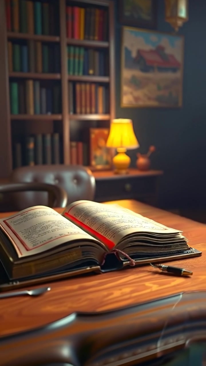 A 3D animated scene featuring an open ancient book resting on a wooden table in a dimly lit room with soft shadows and warm tones, emphasizing the textured leather cover and yellowed pages. The camera slowly circles the scene with smooth motion, creating an immersive atmosphere. The background audio features a gentle crackling fireplace.