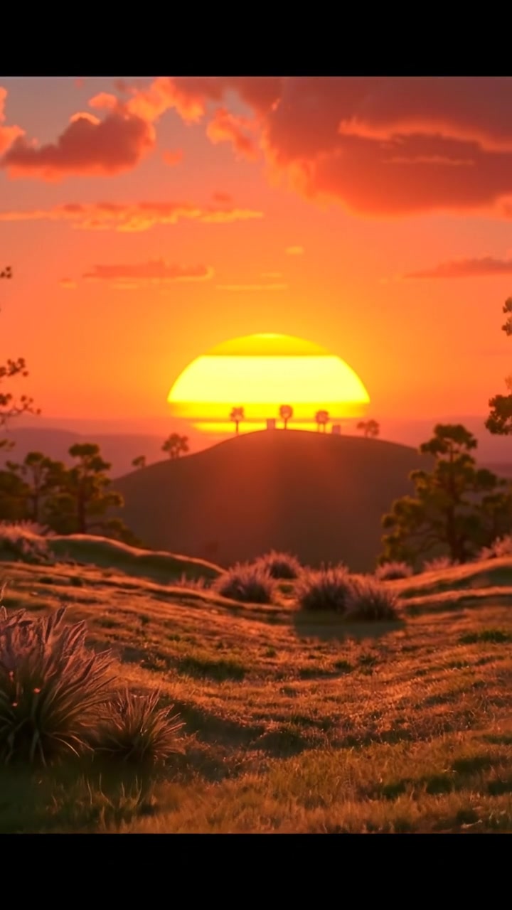 A 3D animation of a tranquil landscape at sunset, warm orange and pink hues glowing overhead, soft shadows cast across gentle rolling hills, with smooth camera movement in natural lighting. The background features a peaceful horizon with distant trees. The audio features calming ambient sounds of nature.