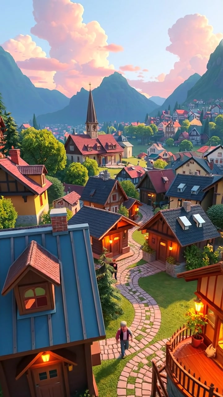 A vibrant 3D animated scene of a thriving village landscape featuring charming houses, lush greenery, and cheerful villagers engaged in daily activities under warm sunlight, with smooth camera movement capturing the panoramic view and soft ambient sounds of nature in the background.