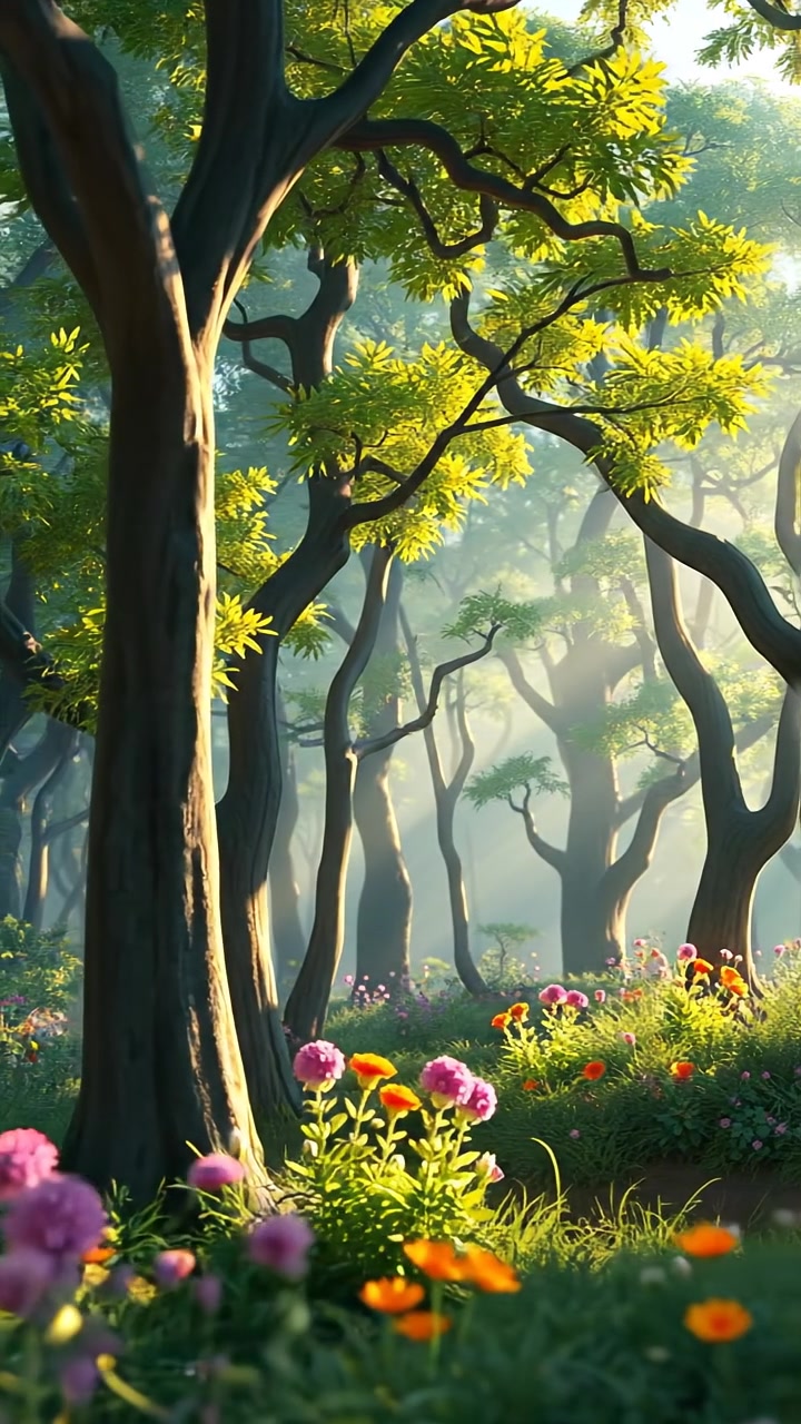 A lush 3D animated forest with vibrant green trees and colorful flowers, sunlight filtering softly through the leaves, creating a peaceful and serene atmosphere. The scene is captured with high detail, natural lighting, and smooth camera movement. The background features gentle, ambient nature sounds.