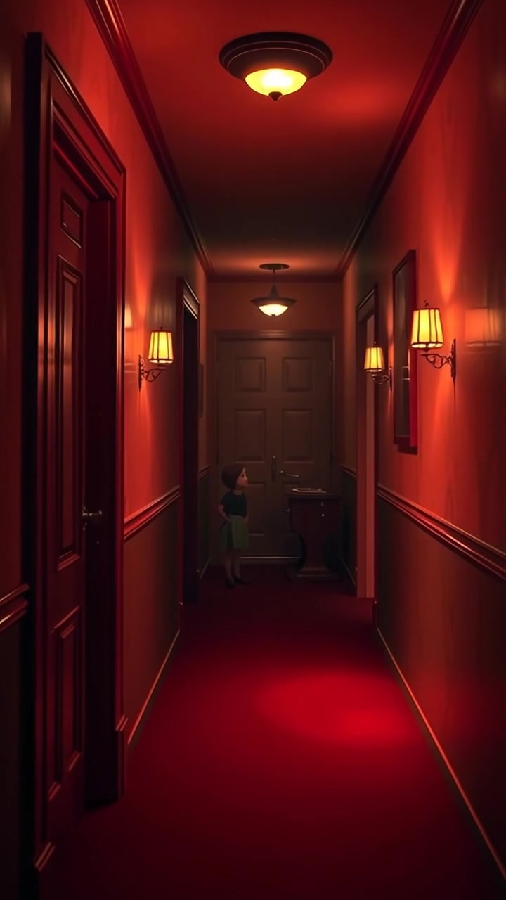 A darkened mansion hallway rendered in 3D animation, with shadowy figures lurking at the edges, creating a tense atmosphere. The scene features low, dramatic lighting, intricate textures, and smooth camera movements that build suspense. The background audio includes eerie ambient sounds and distant whispers.