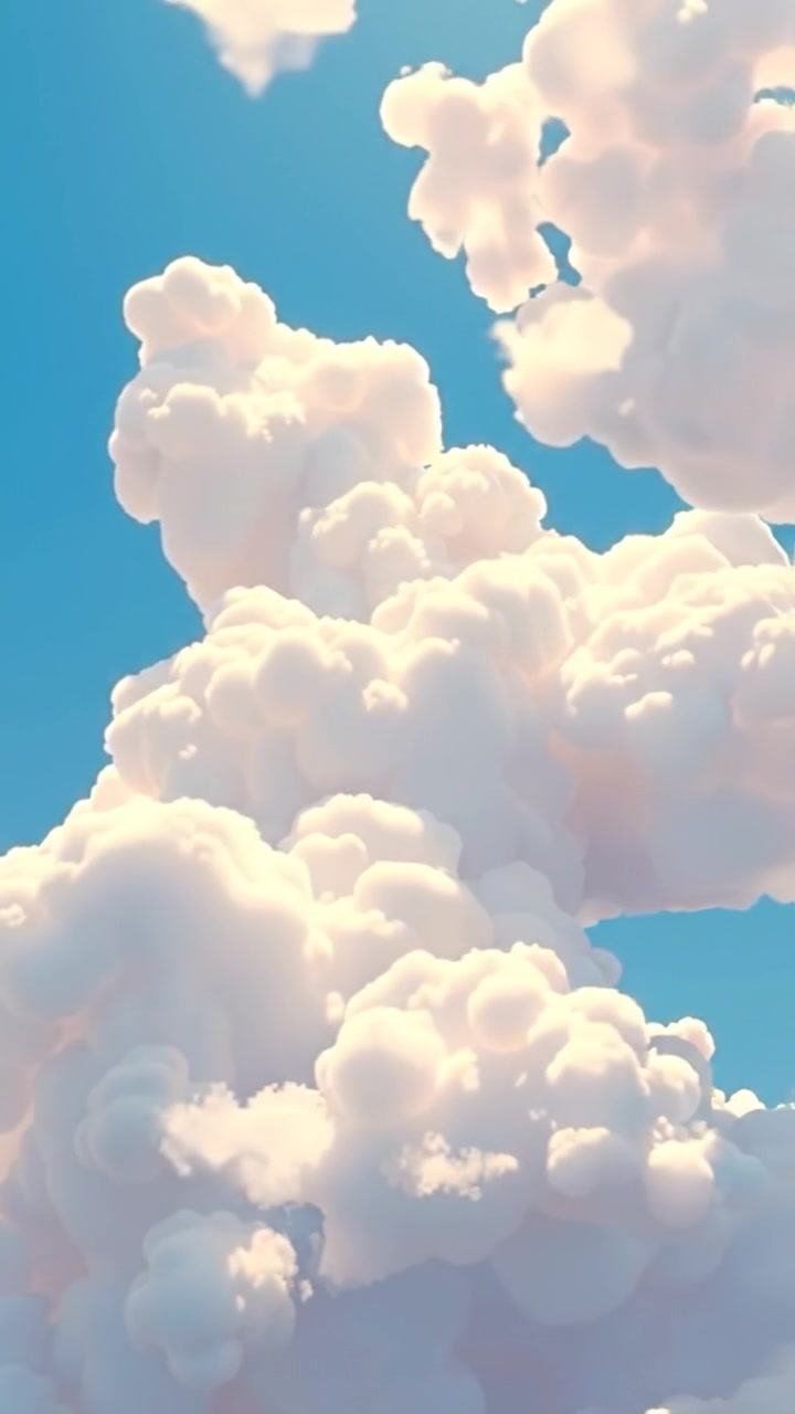A vibrant 3D animated scene showcasing a bright blue sky filled with fluffy white clouds, illuminated by soft natural lighting and smooth camera movement that captures the expansive horizon and the sense of hope. The background features a serene, open horizon with gentle cloud formations. The audio features gentle wind sounds and distant bird calls.