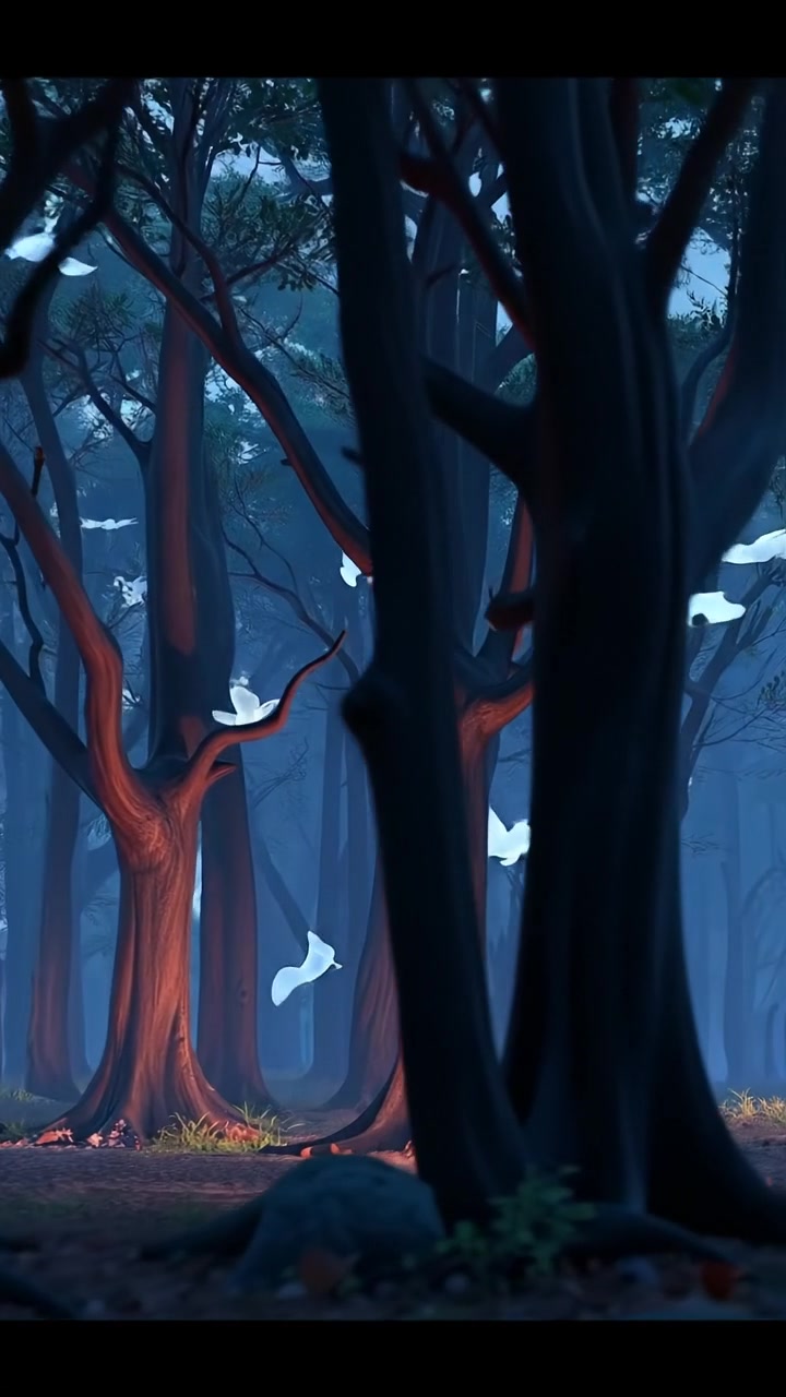 A dark forest at twilight rendered in 3D animation, with ghostly shadows fluttering between ancient trees, illuminated by soft, eerie ambient light, smooth camera dolly shot emphasizing the mysterious atmosphere, overcast sky creating muted tones. The audio features whispering winds and rustling leaves.