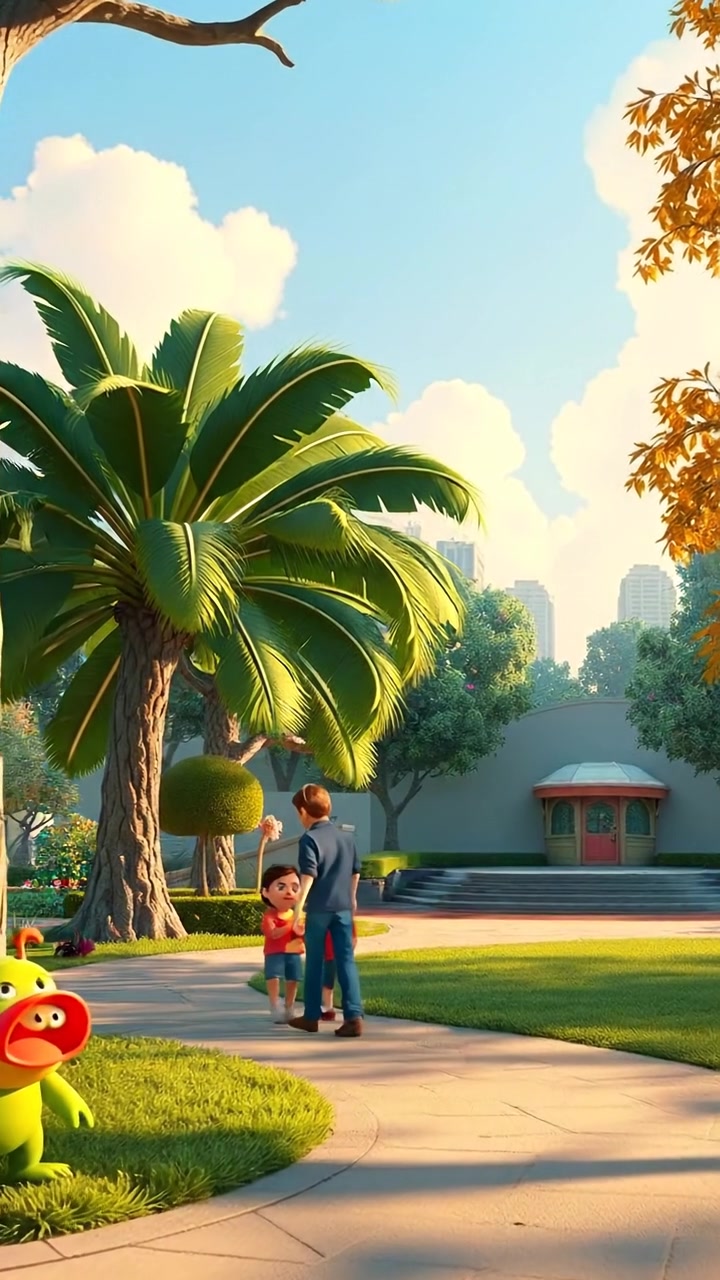 A serene outdoor park scene in 3D animation, highlighting lush greenery, blooming flowers, and a tranquil pathway under soft sunlight. Capture smooth camera movement and natural lighting that emphasizes health and well-being. The background audio features ambient sounds of chirping birds and gentle breezes.