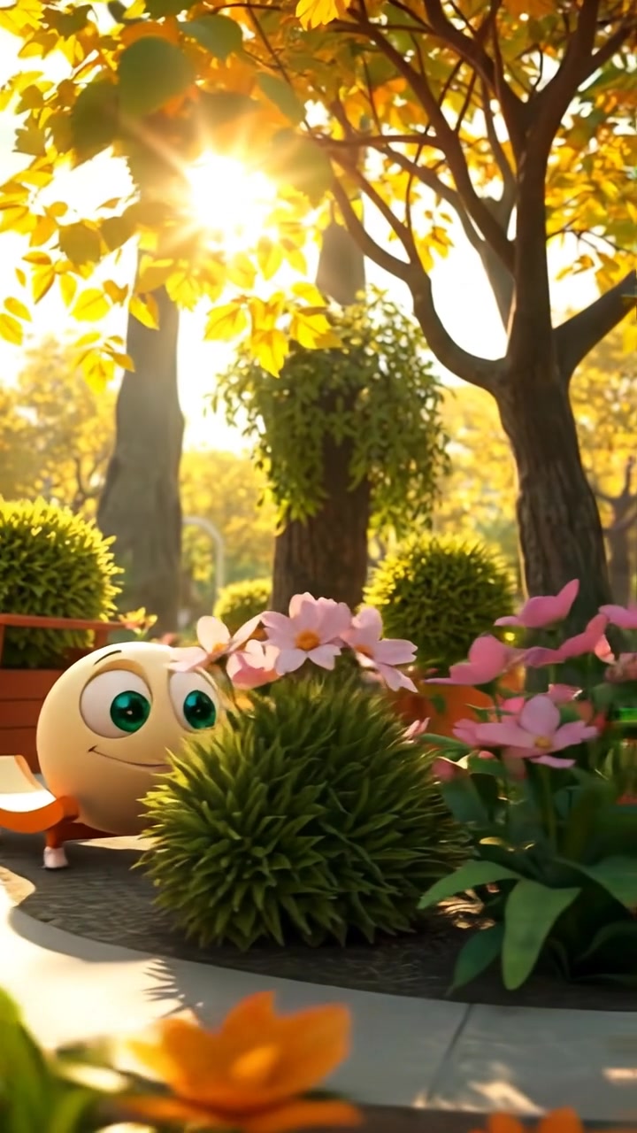 A vibrant 3D animation of a sunny garden with bright sunlight filtering through lush trees and colorful flowers, featuring smooth camera movement and high detail, capturing warm tones and soft shadows. The background audio features gentle bird songs and rustling leaves.
