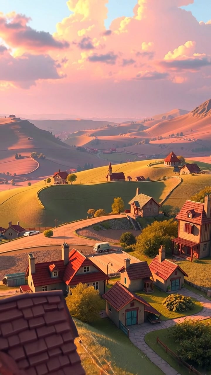 A small rural village with scattered houses surrounded by lush fields in a vibrant 3D animation style. The scene features warm sunlight, gentle breeze movements, and smooth camera panning over the landscape. The background audible atmosphere includes calming countryside sounds.