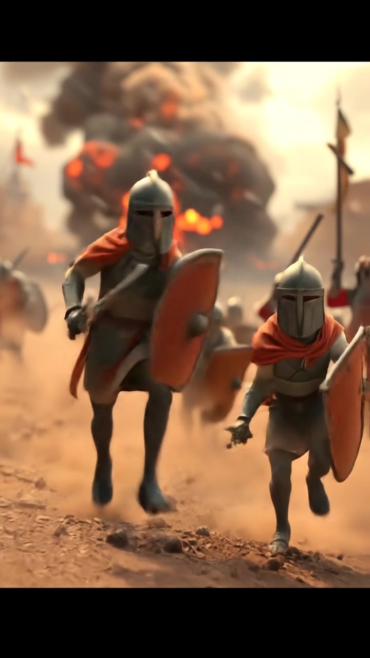 A vivid 3D animated battlefield scene featuring warriors clashing in the distance amidst swirling dust and rising smoke, captured with dynamic camera movement and warm atmospheric lighting. The background audio features intense wind and distant thunder, enhancing the tension and epic scope of the battle.