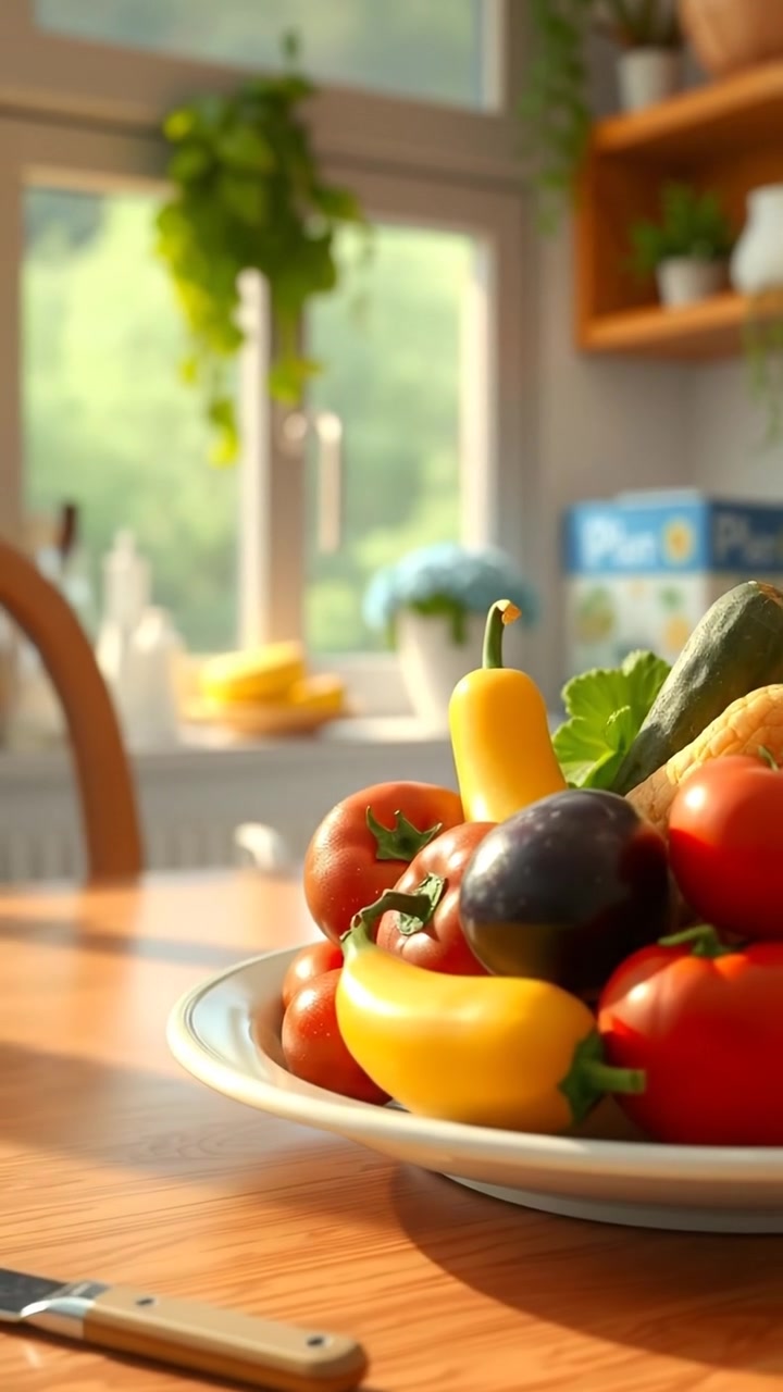 A vibrant 3D animation of a colorful plate of fresh fruits and vegetables set on a rustic wooden kitchen table, with natural lighting highlighting the vivid colors and textures. The camera slowly zooms in with smooth motion, emphasizing detail and freshness. The background features a cozy kitchen ambiance, complemented by the gentle sounds of a bustling kitchen.