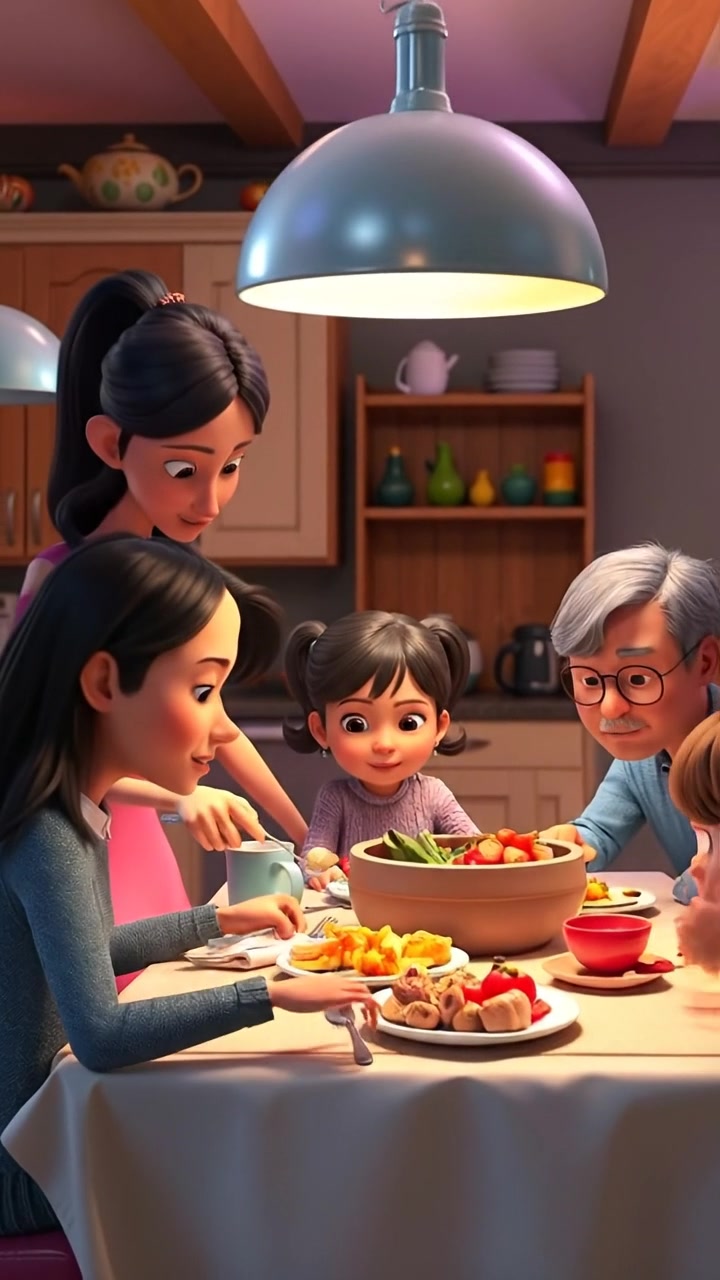 A cozy 3D animation of a family gathered around a warm, inviting kitchen table sharing a meal. The scene features natural lighting, soft shadows, and smooth camera movements that capture the intimate moment. The background audio features gentle chatter and laughter.