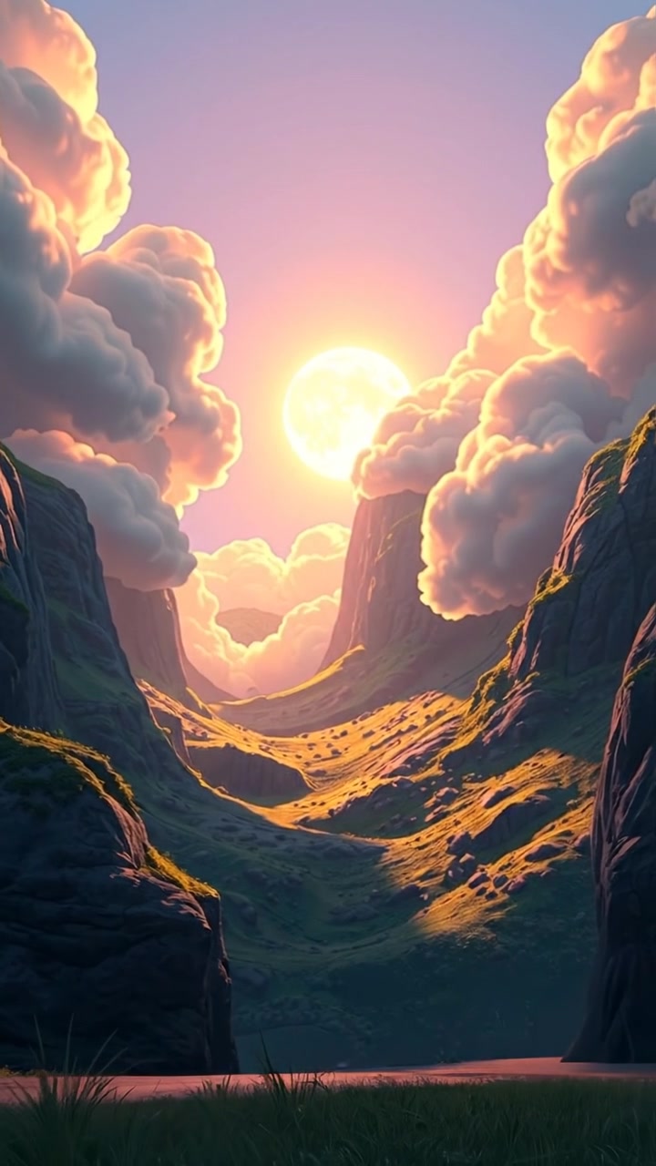 A serene 3D animation of a landscape with light breaking through clouds, illuminating a lush valley below. The scene features natural lighting, high detail, and smooth camera motion with a subtle aerial view. Warm tones and soft shadows enhance the peaceful atmosphere. The audio features gentle wind sounds.