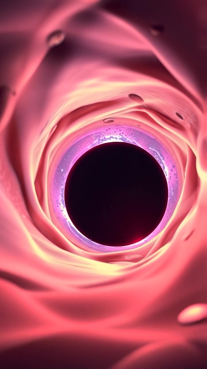 Close-up of a black hole's event horizon depicted in stunning 3D animation, with light bending vividly around its edges, showcasing high detail and smooth camera motion in natural, ambient lighting. The background features a dark, space-filled backdrop. The audio features ambient space sounds.