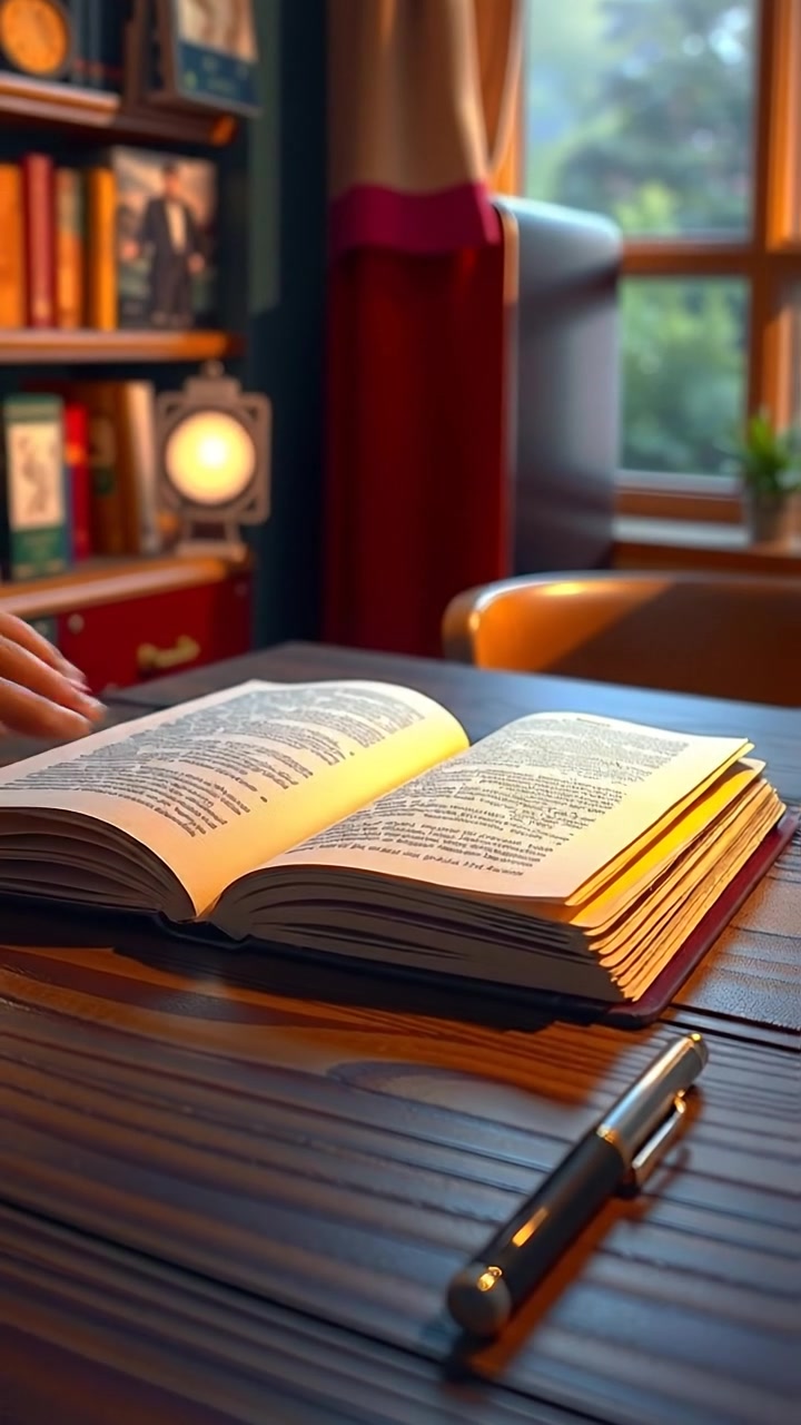 A 3D animation of an open book resting on a wooden table in a peaceful study, with a sleek pen beside it. Natural soft lighting highlights the textures, and the camera slowly zooms in for an intimate view. The background features gentle ambient sounds of a quiet, cozy room.