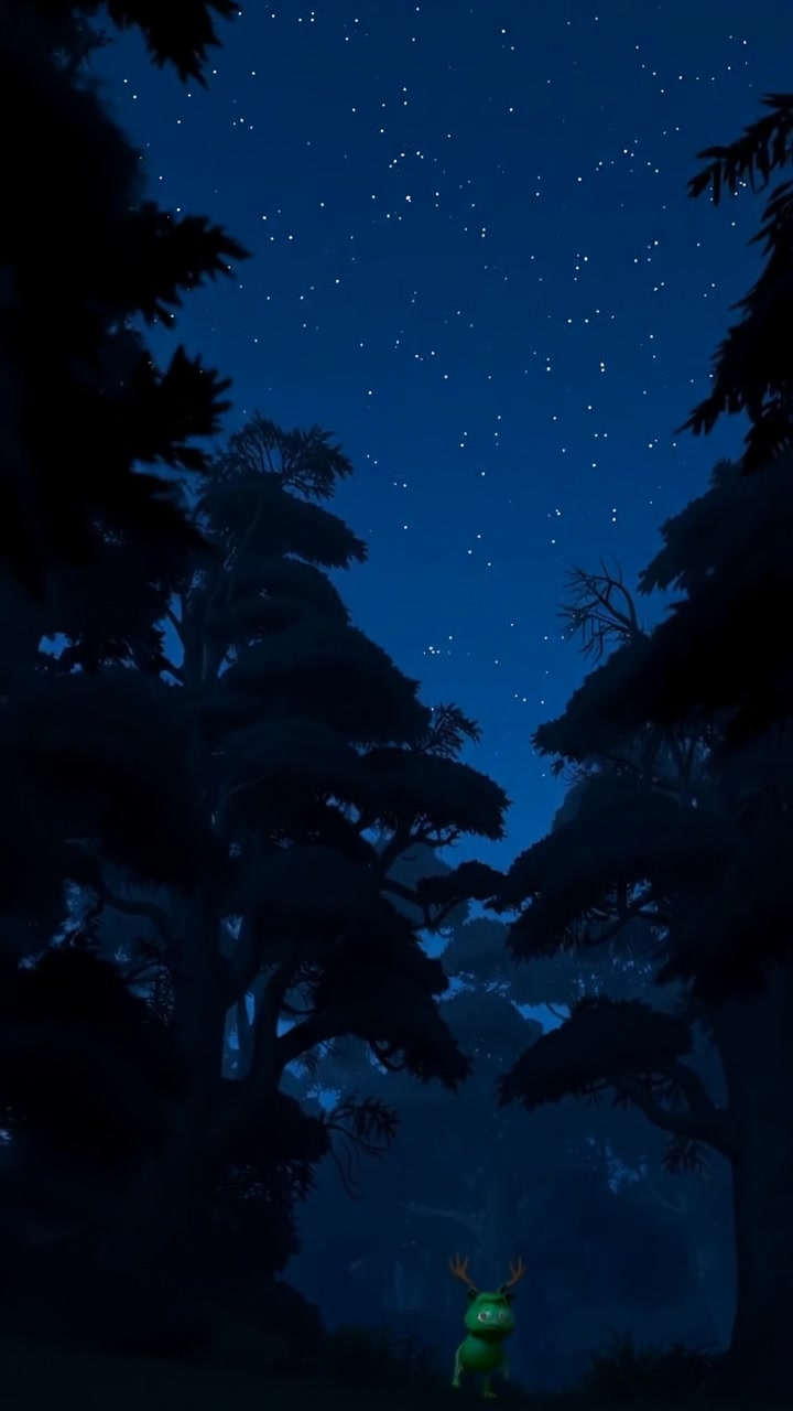 A dark forest at night depicted in 3D animation with dense silhouetted trees against a starless sky. The scene features ambient moonlight casting soft shadows, with smooth camera movement through the shadowy woods, emphasizing mystery and solitude. The audio features a gentle breeze rustling through leaves.