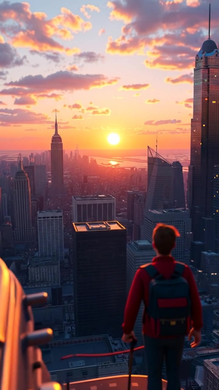 A panoramic view of a vibrant city skyline at sunset, rendered in rich 3D animation with warm tones, soft shadows, and smooth camera sweeping across the horizon. The scene captures the glow of the setting sun reflecting off skyscrapers, evoking hope and adventure. The audio features a uplifting orchestral soundtrack.