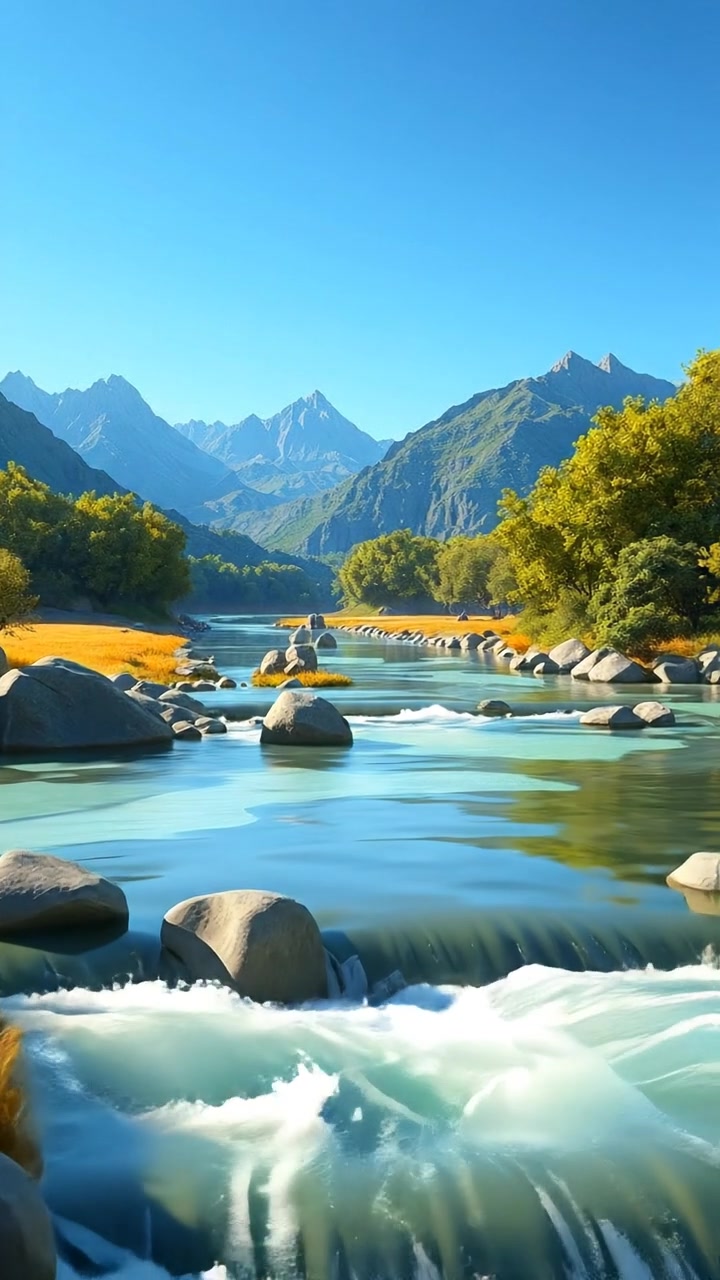 A serene 3D animated landscape featuring a gently flowing river with crystal-clear water, surrounded by lush greenery and majestic mountains under a bright, clear blue sky. The scene is captured with smooth camera movements, warm natural lighting, and vivid high detail. The background audio features gentle river sounds and distant mountain breezes.