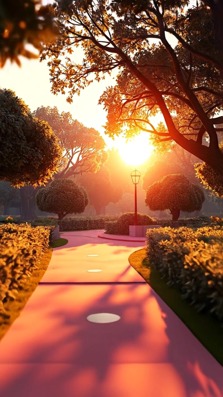 A 3D animation of a glowing sunrise breaking through tall trees, illuminating the forest floor with warm, soft light. The scene features smooth camera movement capturing the natural lighting and high detail of the environment. Gentle morning sounds of chirping birds and rustling leaves play in the background.