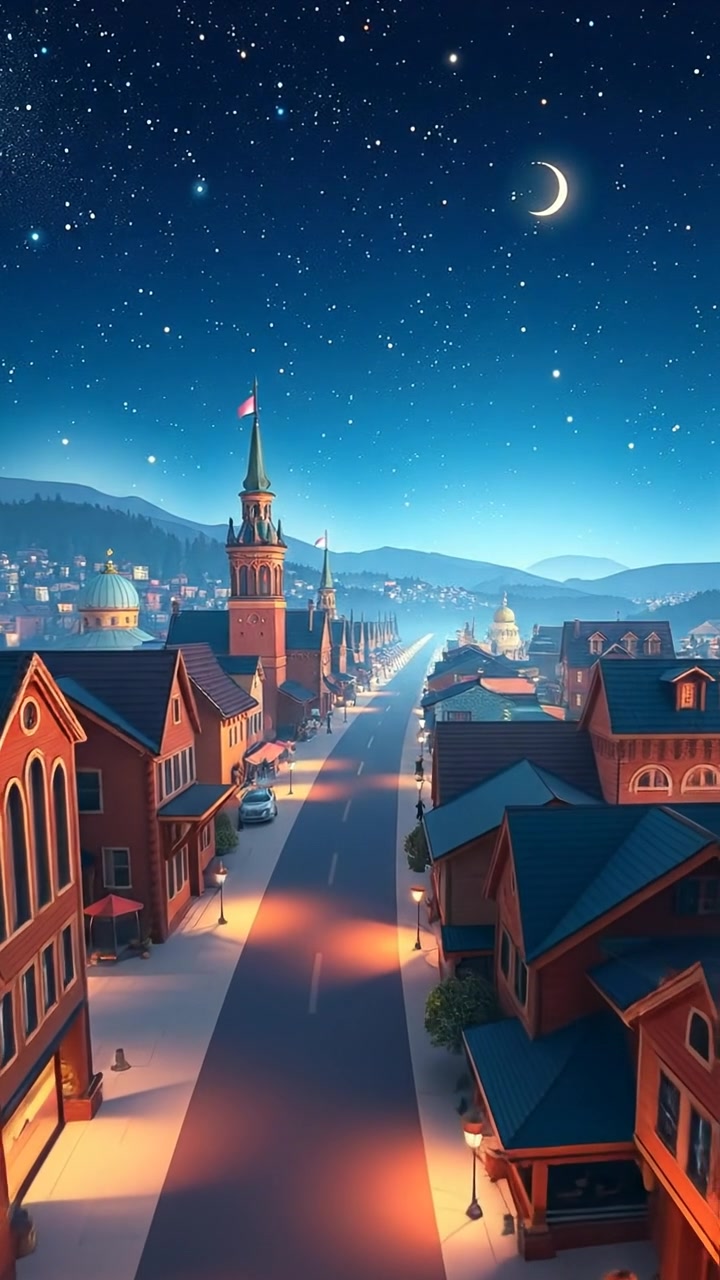 A wide shot of a tranquil town under a starlit sky in 3D animation style, with soft glowing streetlights, gentle bobbing trees, and peaceful rooftops, captured with smooth camera movement and warm nighttime tones. The background audio features calm nighttime sounds of crickets and gentle wind.