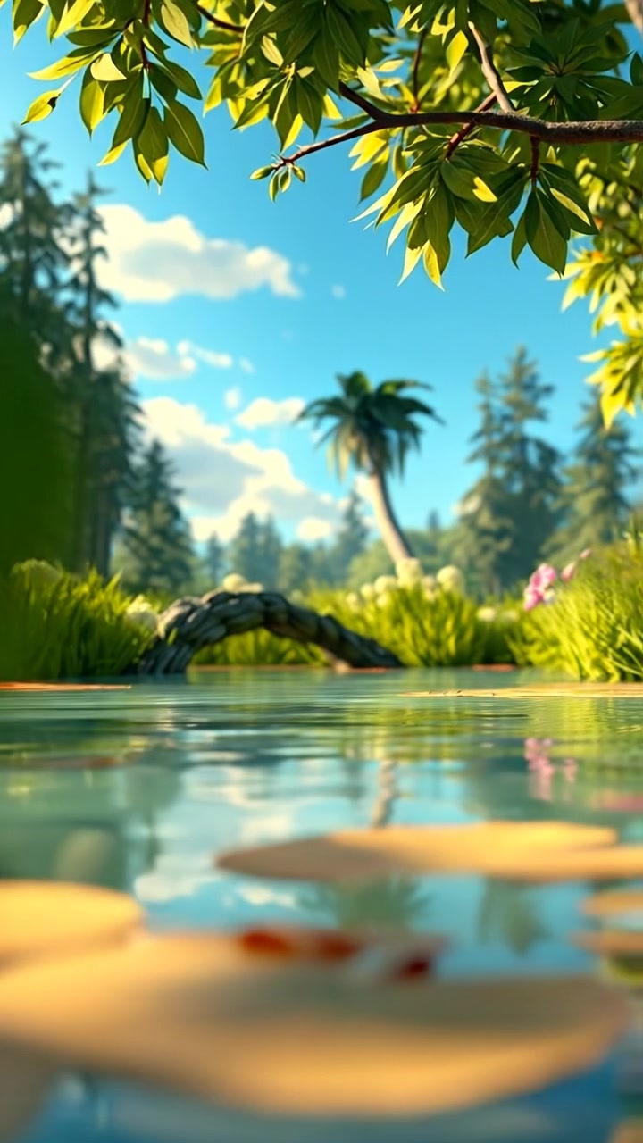 A tranquil pond in a lush green setting, beautifully reflected under a bright blue sky, depicted in vibrant 3D animation style. Natural lighting with soft shadows enhances the serene atmosphere, complemented by smooth camera movement. The background features gentle sounds of nature and flowing water.