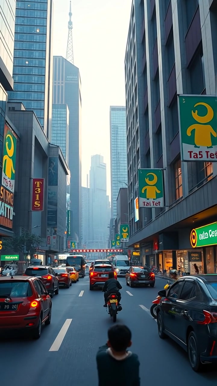 A vibrant 3D animation of a bustling Jakarta city street, showcasing towering skyscrapers, lively traffic with colorful cars, and bustling street vendors under warm urban lighting. Smooth camera movement captures the energetic atmosphere. The background features the city’s dynamic skyline at dusk.